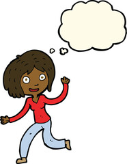 cartoon happy waving girl with thought bubble