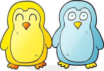 freehand drawn cartoon birds holding hands