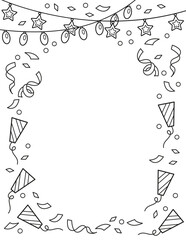 Background for Birthday, confetti, firecrackers and festive lanterns. Background. Coloring book. Black and white vector illustration.