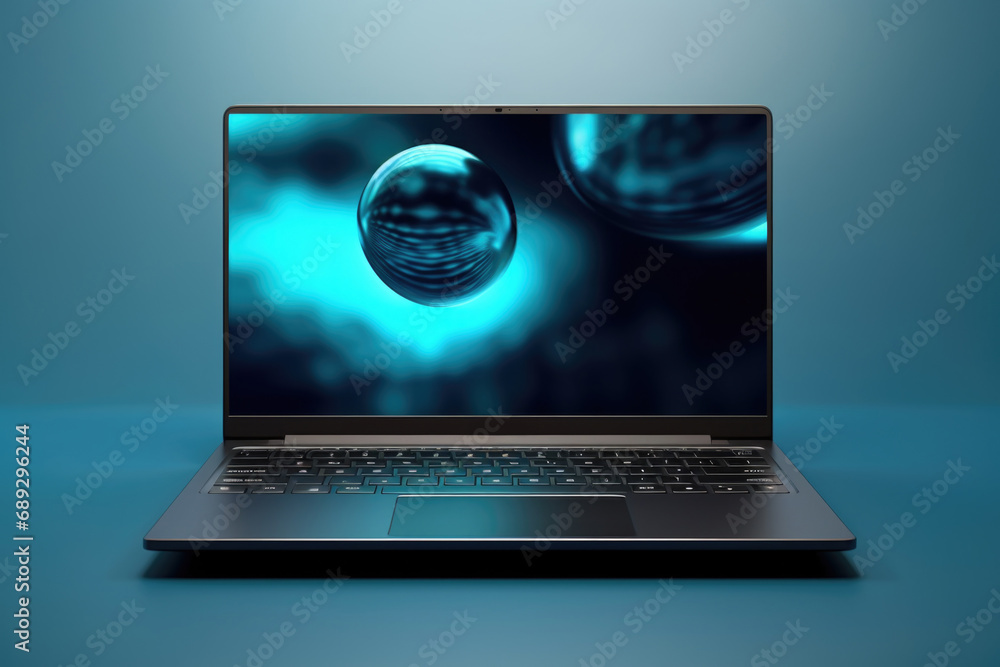 Poster A laptop computer is placed on top of a table. This image can be used for various purposes