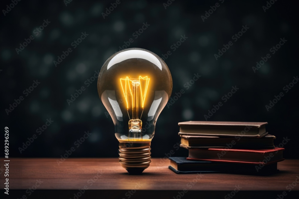 Poster A simple light bulb sitting on top of a wooden table. This versatile image can be used to represent creativity, innovation, or as a symbol for finding solutions.
