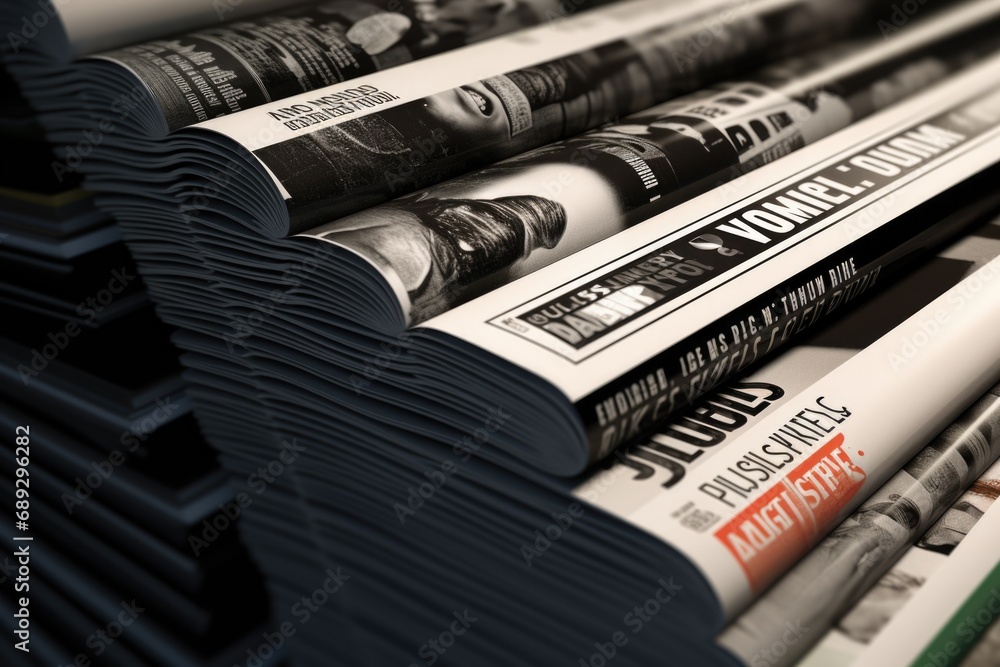 Poster a pile of newspapers stacked on top of each other. suitable for news articles, media coverage, or jo