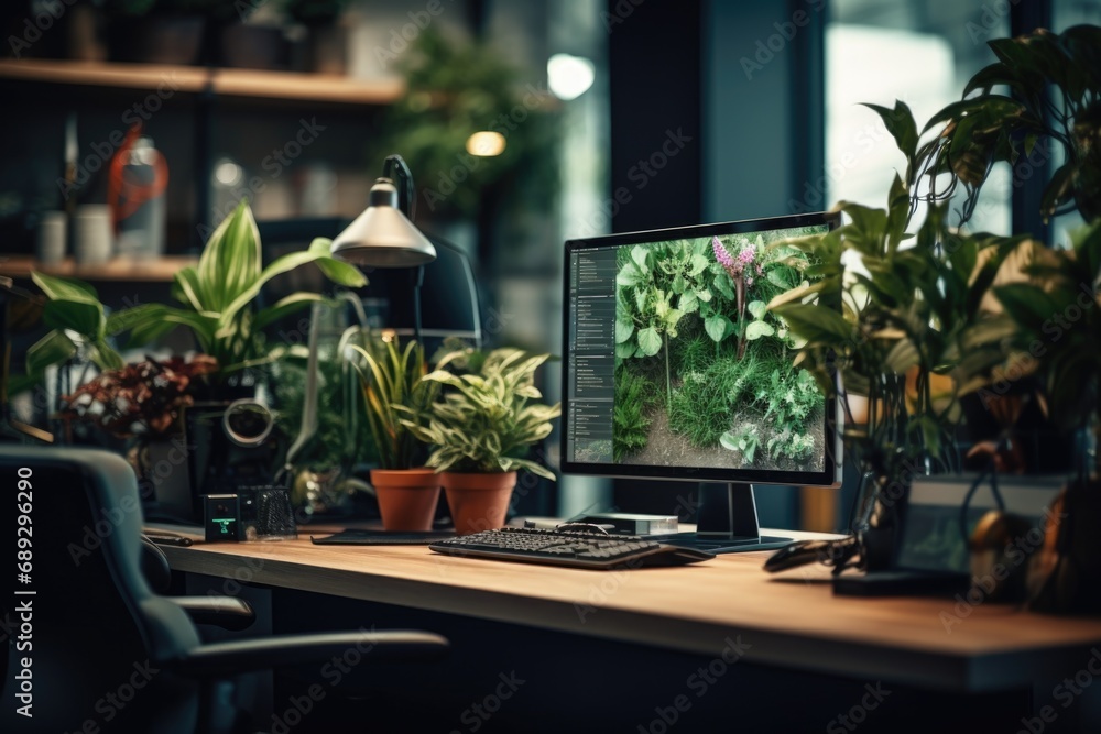 Poster A desktop computer placed on a wooden desk. Suitable for technology and office-related projects