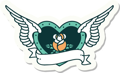 sticker of tattoo in traditional style of a flying heart with flowers and banner