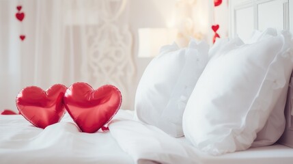 Romantic retreat: Red heart and white pillows on the bed for a love-filled ambiance. Perfect for wedding and Valentine's Day concepts