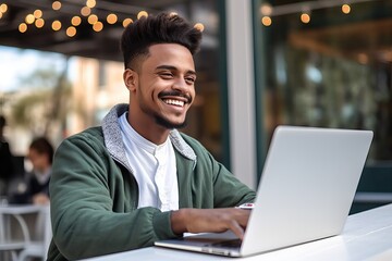 Smiling young business man using laptop sitting outdoor. Happy guy student or professional looking away in city cafe elearning, hybrid working, searching job online thinking of digital solution.