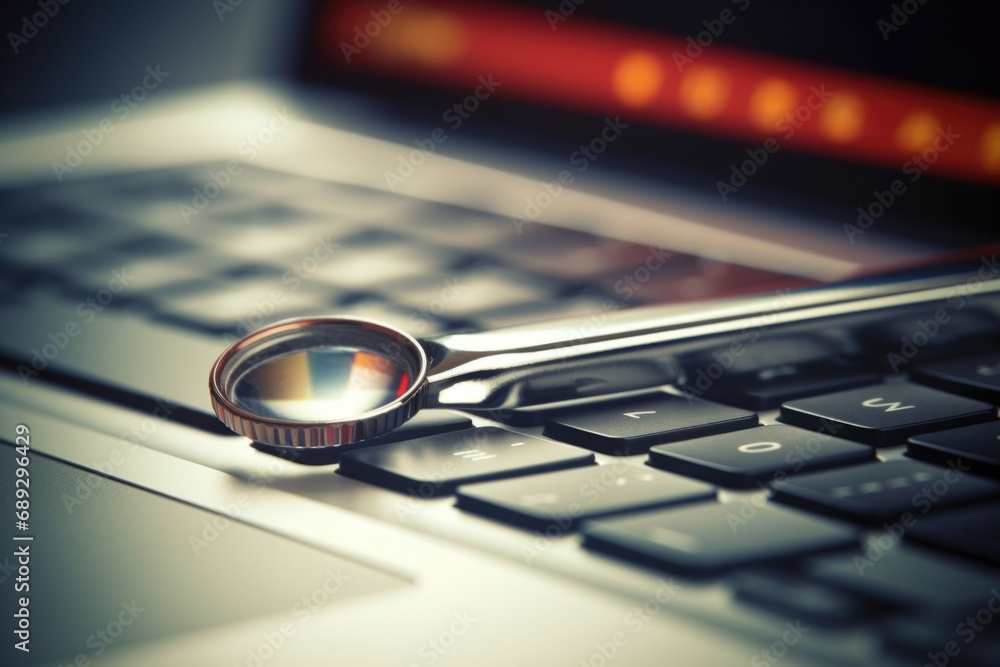 Aufkleber A magnifying glass placed on top of a laptop keyboard. This image can be used to represent concepts such as research, investigation, technology, or digital searching