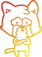 warm gradient line drawing of a cartoon crying cat