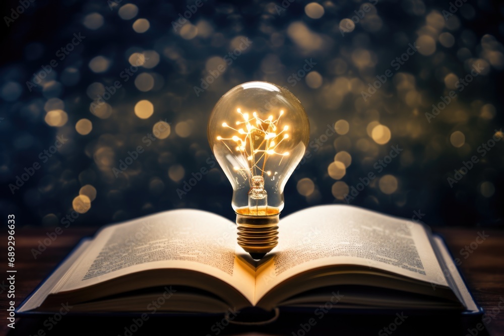 Poster an open book with a light bulb on top. suitable for educational concepts or creative ideas