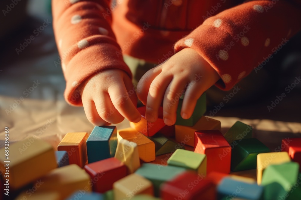 Poster child playing with wooden blocks on a table. can be used for educational or creative play concepts
