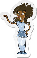retro distressed sticker of a cartoon pretty waitress