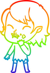 Fototapeta premium rainbow gradient line drawing of a cartoon vampire girl with blood on cheek