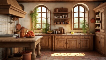 Sunny country-style kitchen with wooden furniture, terracotta floor, and windows overlooking...