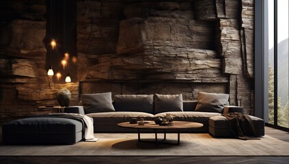 Living room with a sofa near a stone wall with hanging lamps and a panoramic window overlooking a mountain landscape.