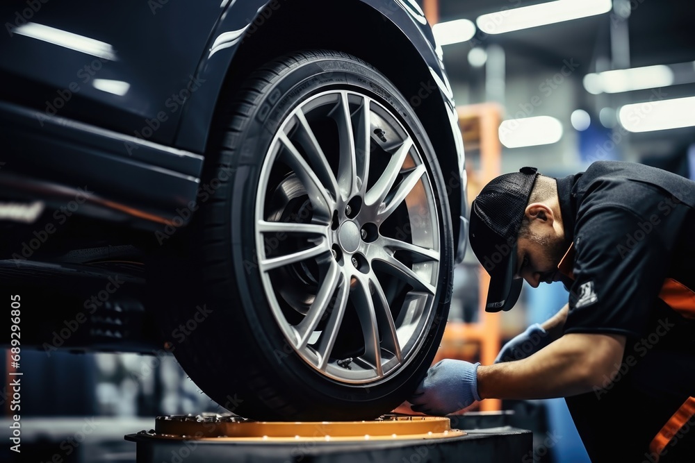 Poster a man is seen working on a tire in a garage. this image can be used to showcase automotive maintenan