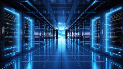Modern server room with rows of server racks emitting blue light and reflective floors, creating a technological ambiance. - obrazy, fototapety, plakaty