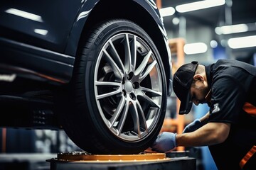 A man is seen working on a tire in a garage. This image can be used to showcase automotive maintenance and repair activities
