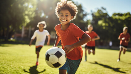 A young boy playing soccer on a sunny lawn, smiling joyfully, with friends in the background, in an atmosphere of childlike fun and sports activity.