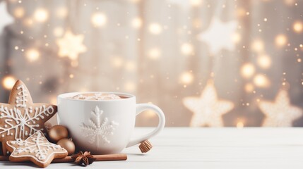 Obraz na płótnie Canvas A Cup of Hot Chocolate Next to a Star Shaped Cookie