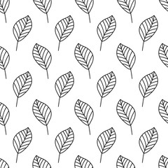 Leaf seamless pattern. Repeating leaves background. Repeated nature small patern for design prints. Line simple plant. Spring repeat texture. Hand draw soft monocrome silhouette. Vector illustration