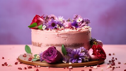 Fototapeta na wymiar A pink cake with red and purple flowers, berries, on a golden stand against a purple background.