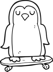 freehand drawn black and white cartoon bird on skateboard
