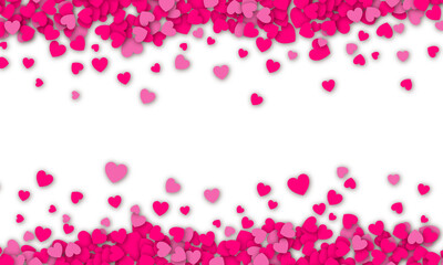 Valentines day background design with pink heart stickers scattered on a white background. Paper hearts with realistic shadow. Vector background EPS 10