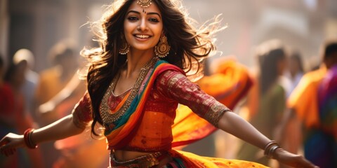 Fototapeta na wymiar A woman in a colorful sari dancing. Divali festival celebration.