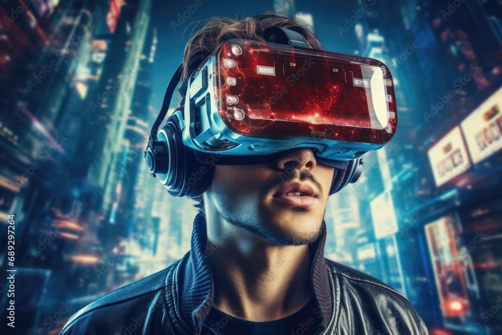 Poster A man wearing a virtual reality headset in a busy city. Can be used to illustrate the use of virtual reality technology in urban environments