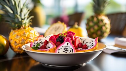 A plate with exotic fruits, including dragon fruit and strawberries, on a table with a backdrop of tropical fruits. - obrazy, fototapety, plakaty