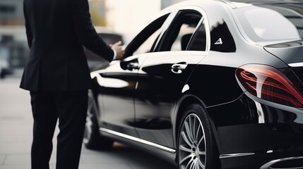 A Stylish Gentleman Posing with a Sleek Black Car