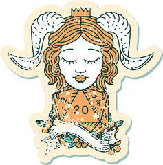 Retro Tattoo Style tiefling with natural twenty dice roll