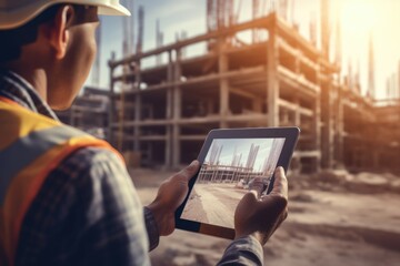 Construction worker holding a tablet computer in front of a building under construction. Suitable for construction industry projects - obrazy, fototapety, plakaty