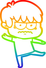 rainbow gradient line drawing of a annoyed cartoon boy