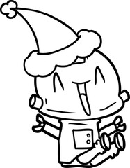 hand drawn line drawing of a robot wearing santa hat