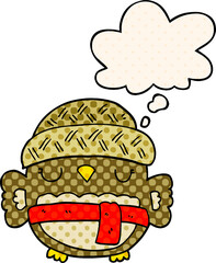 cute cartoon owl in hat with thought bubble in comic book style