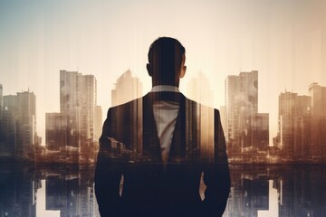 A man dressed in a suit standing confidently in front of a bustling cityscape. Suitable for business, corporate, and urban-themed projects