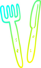 cold gradient line drawing of a cartoon knife and fork