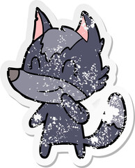 distressed sticker of a friendly cartoon wolf