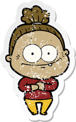 distressed sticker of a cartoon happy old woman