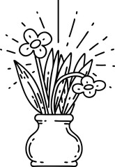 illustration of a traditional black line work tattoo style flowers in vase