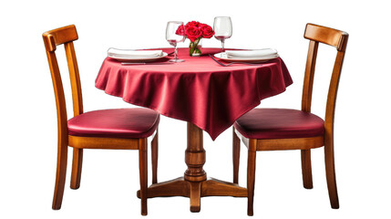 Round restaurant table with a cloth set for two persons