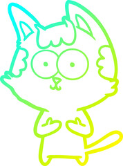cold gradient line drawing of a happy cartoon cat