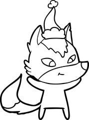 friendly hand drawn line drawing of a wolf wearing santa hat