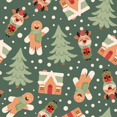 Seamless Christmas pattern of gingerbread man, gingerbread house on green background