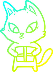 cold gradient line drawing of a confused cartoon cat with gift