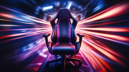 A gaming chair with a red and blue stripe.