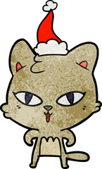 hand drawn textured cartoon of a cat wearing santa hat