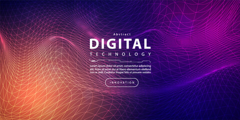 Digital technology futuristic big data orange purple background, cyber nano information, abstract communication, Ai innovation future tech data, internet network speed connection line dot illustration