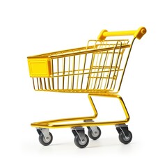 A yellow shopping cart on a white background.